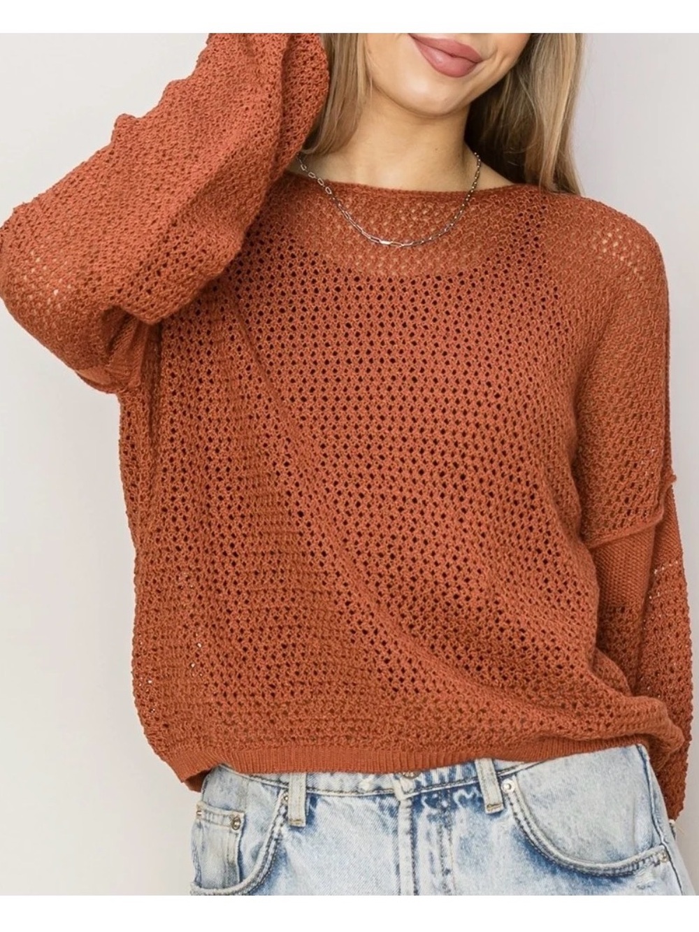 Carly Jean Los Angeles Open-Knit Rust Crew Sweater
